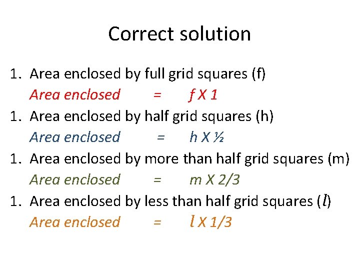 Correct solution 1. Area enclosed by full grid squares (f) Area enclosed = f.