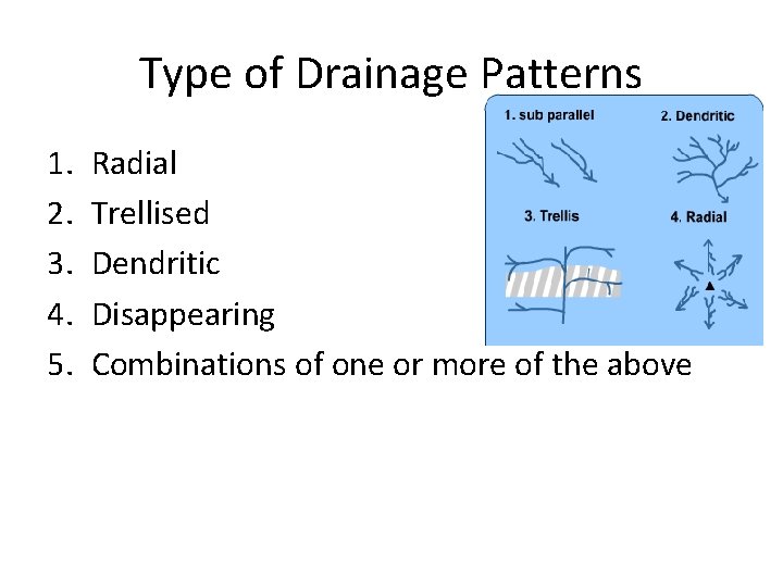 Type of Drainage Patterns 1. 2. 3. 4. 5. Radial Trellised Dendritic Disappearing Combinations Type of Drainage Patterns 1. 2. 3. 4. 5. Radial Trellised Dendritic Disappearing Combinations