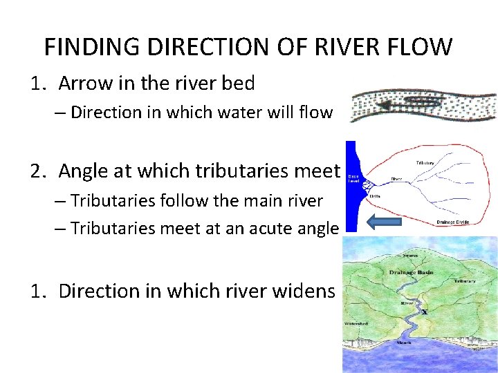 FINDING DIRECTION OF RIVER FLOW 1. Arrow in the river bed – Direction in