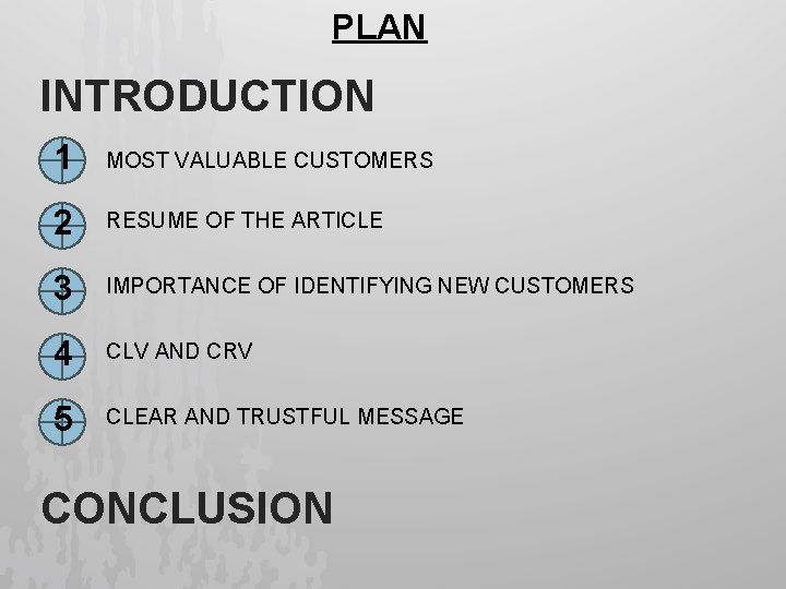 PLAN INTRODUCTION 1 MOST VALUABLE CUSTOMERS 2 RESUME OF THE ARTICLE 3 IMPORTANCE OF