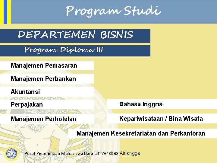 Program Studi DEPARTEMEN BISNIS Program Diploma III Manajemen Pemasaran Manajemen Perbankan Akuntansi Perpajakan Bahasa