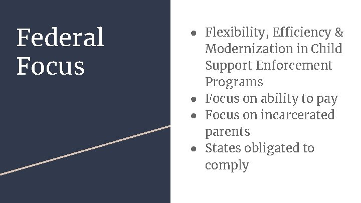 Federal Focus ● Flexibility, Efficiency & Modernization in Child Support Enforcement Programs ● Focus