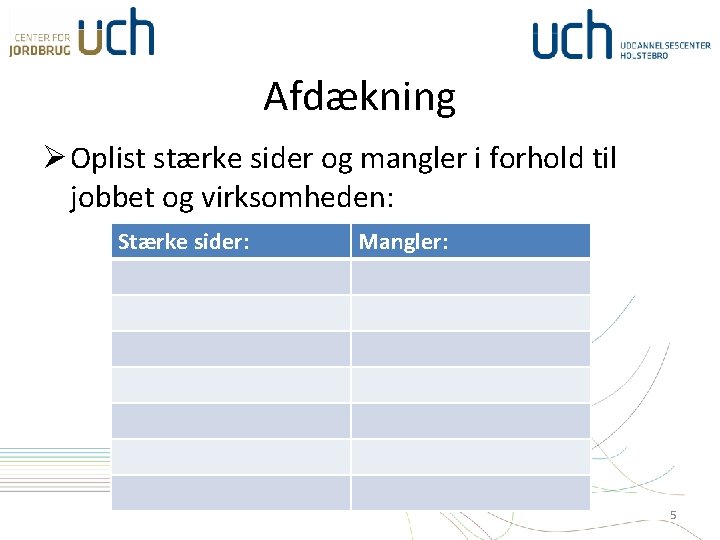 Afdækning Ø Oplist stærke sider og mangler i forhold til jobbet og virksomheden: Stærke