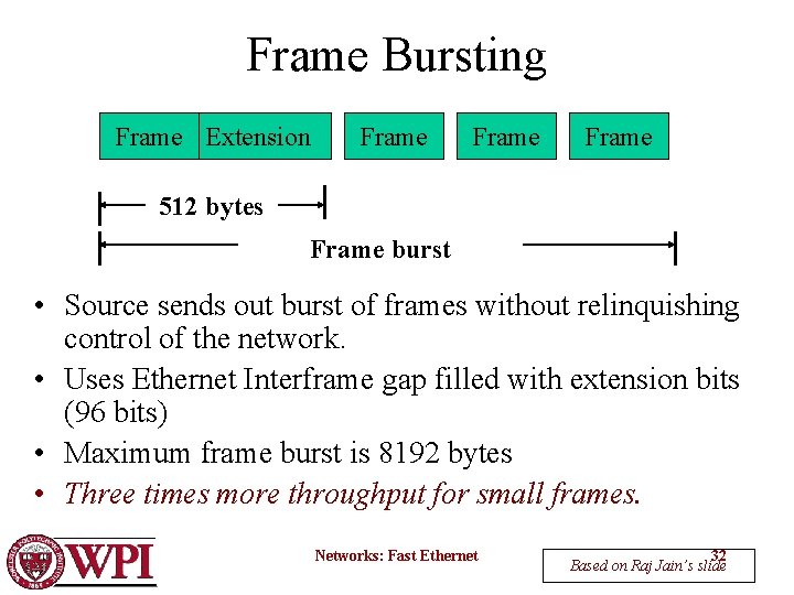 Frame Bursting Frame Extension Frame 512 bytes Frame burst • Source sends out burst