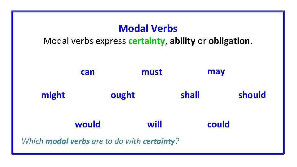 Modal Verbs Modal verbs express certainty, ability or obligation. can might ought would may