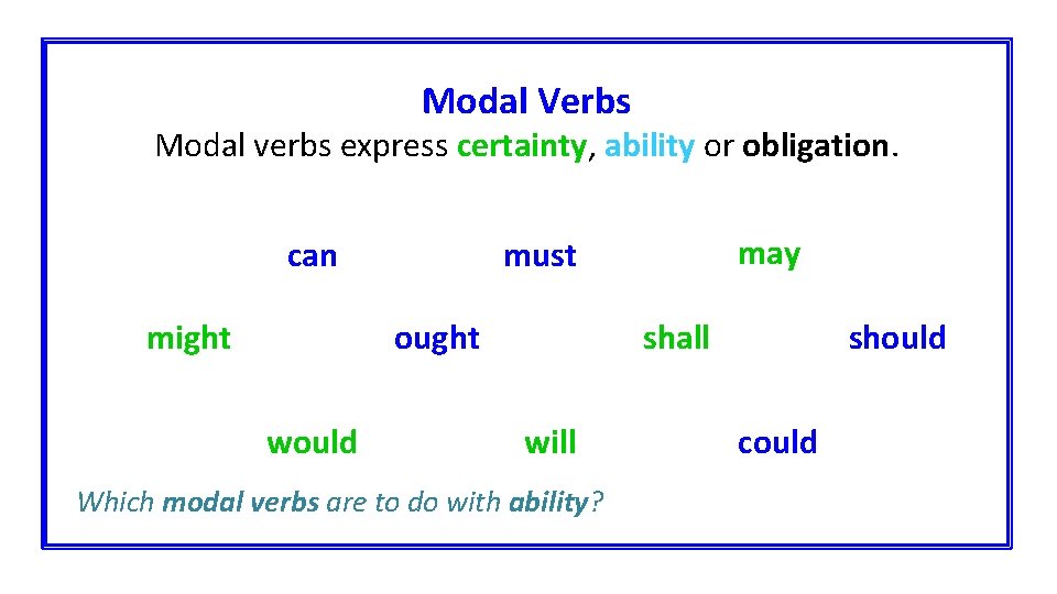 Modal Verbs Modal verbs express certainty, ability or obligation. can might ought would may