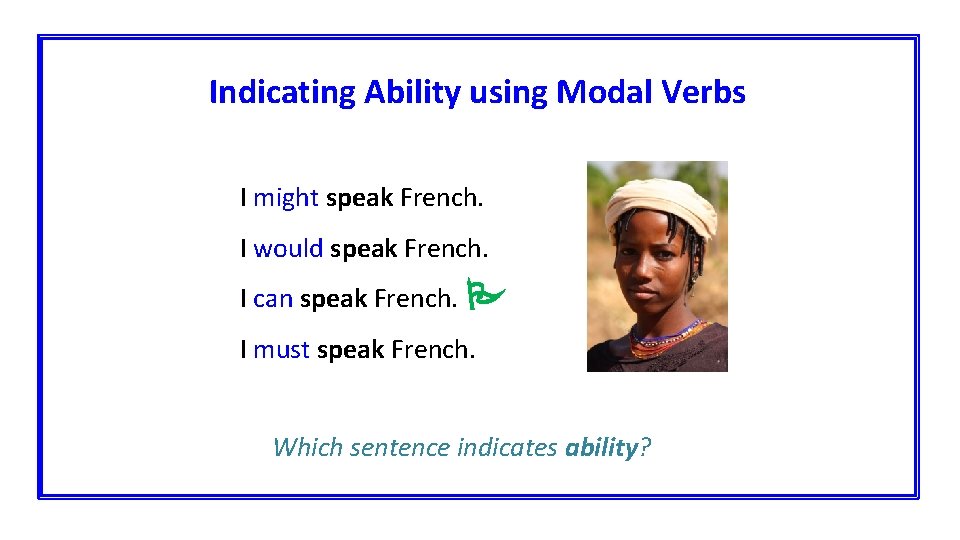 Indicating Ability using Modal Verbs I might speak French. I would speak French. I