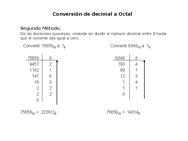 Conversión de decimal a Octal Segundo Método. De las divisiones sucesivas, consiste en dividir