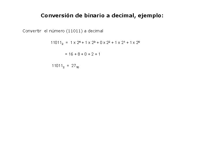 Conversión de binario a decimal, ejemplo: Convertir el número (11011) a decimal 110112 =