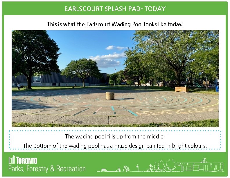 EARLSCOURT SPLASH PAD- TODAY This is what the Earlscourt Wading Pool looks like today: