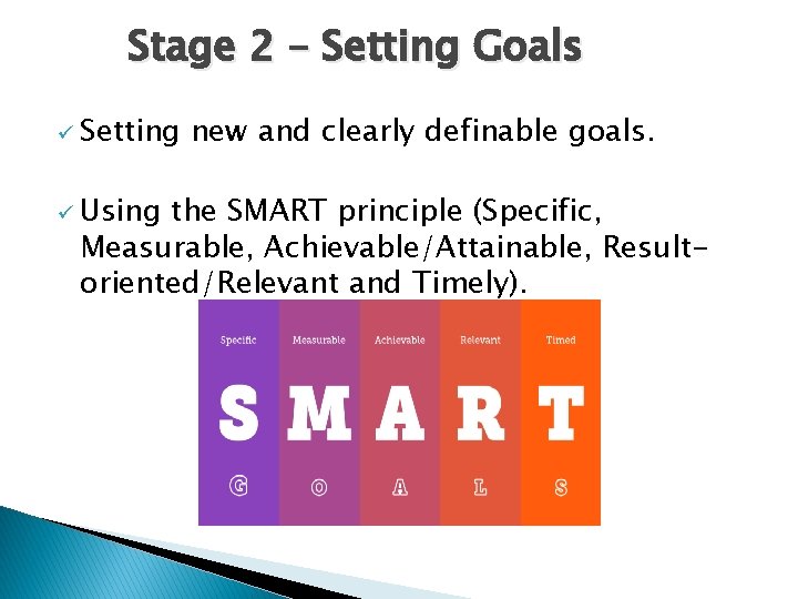 Stage 2 – Setting Goals ü Setting ü Using new and clearly definable goals.