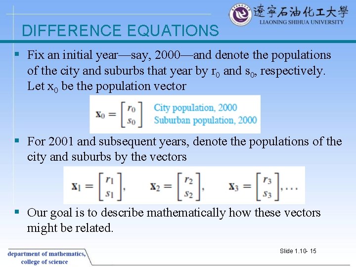 DIFFERENCE EQUATIONS § Fix an initial year—say, 2000—and denote the populations of the city DIFFERENCE EQUATIONS § Fix an initial year—say, 2000—and denote the populations of the city