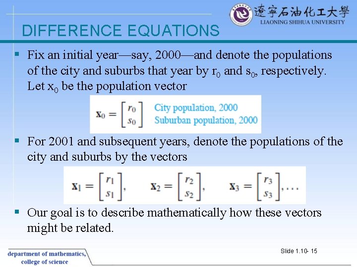 DIFFERENCE EQUATIONS § Fix an initial year—say, 2000—and denote the populations of the city