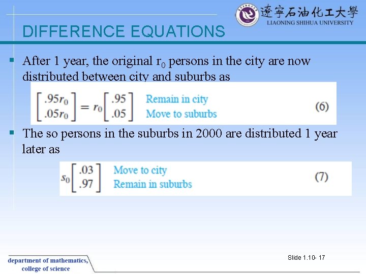 DIFFERENCE EQUATIONS § After 1 year, the original r 0 persons in the city DIFFERENCE EQUATIONS § After 1 year, the original r 0 persons in the city