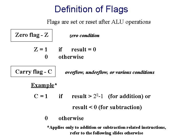 Definition of Flags are set or reset after ALU operations Zero flag - Z