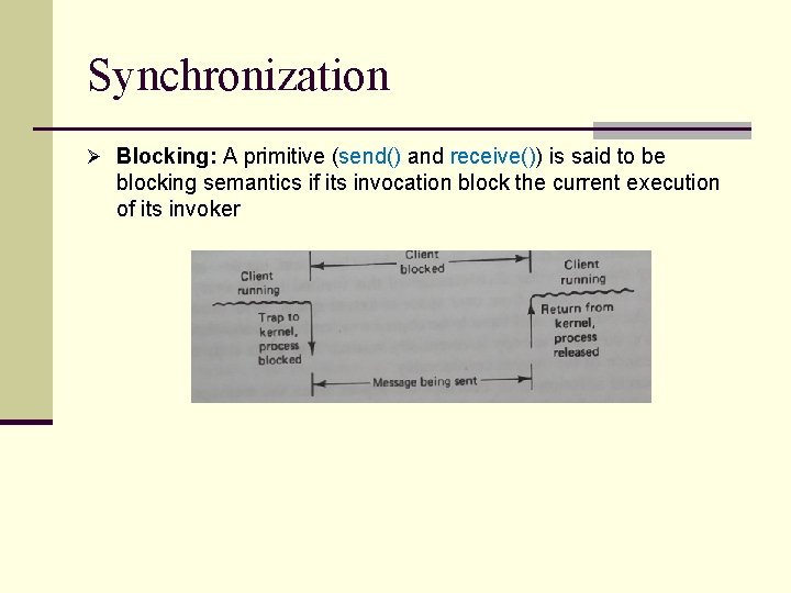 Synchronization Ø Blocking: A primitive (send() and receive()) is said to be blocking semantics