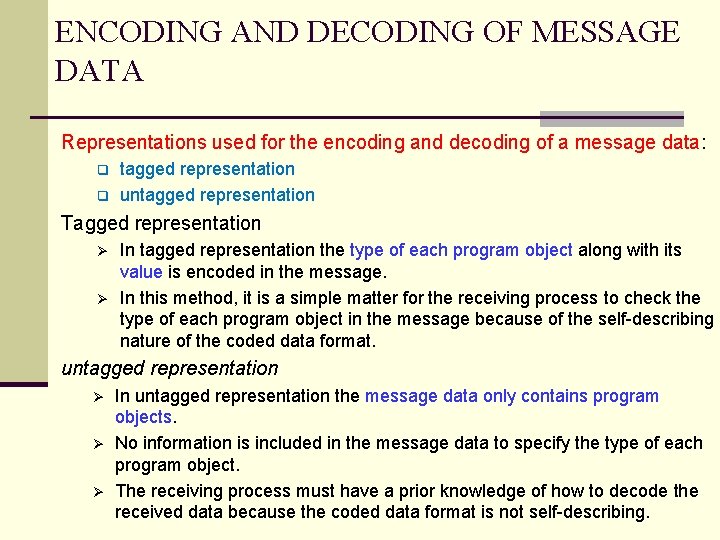 ENCODING AND DECODING OF MESSAGE DATA Representations used for the encoding and decoding of