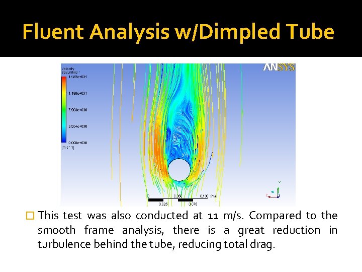 Fluent Analysis w/Dimpled Tube � This test was also conducted at 11 m/s. Compared