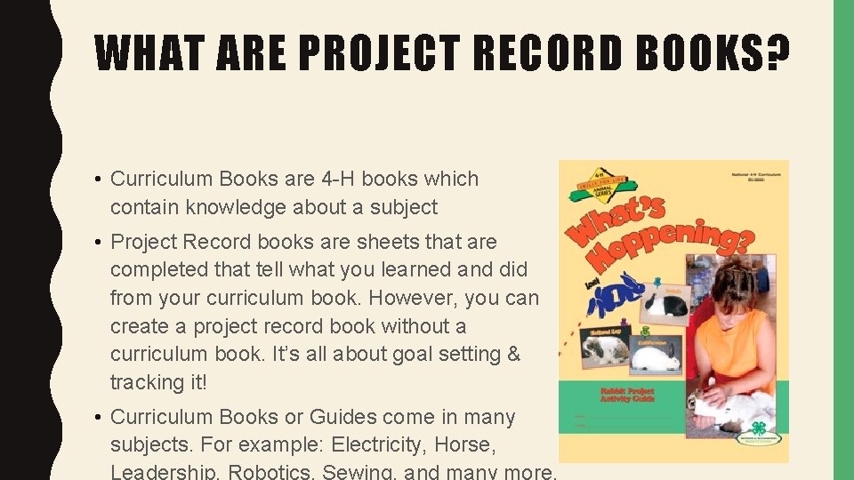 WHAT ARE PROJECT RECORD BOOKS? • Curriculum Books are 4 -H books which contain