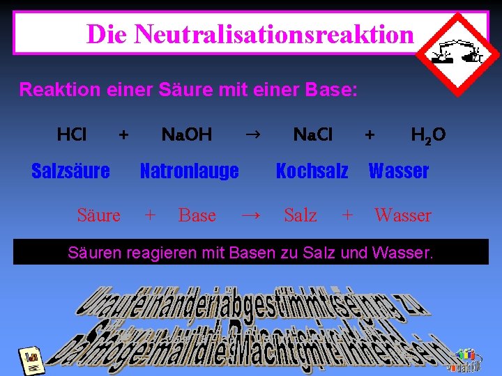 Die Neutralisationsreaktion Reaktion einer Säure mit einer Base: HCl + Salzsäure Na. OH →