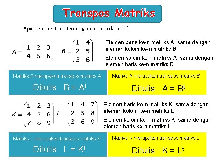 Transpos Matriks Apa pendapatmu tentang dua matriks ini ? Elemen baris ke-n matriks A