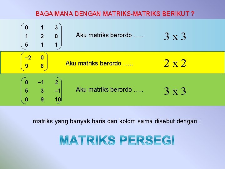 BAGAIMANA DENGAN MATRIKS-MATRIKS BERIKUT ? 0 1 3 1 2 0 5 1 1