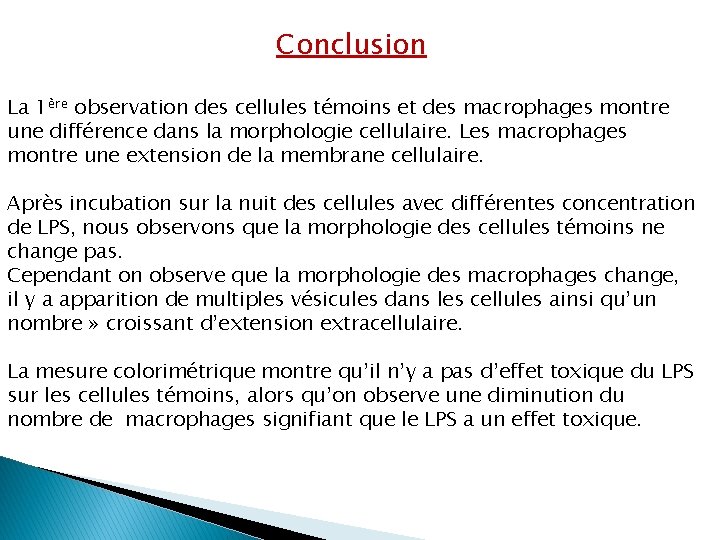 Conclusion La 1ère observation des cellules témoins et des macrophages montre une différence dans