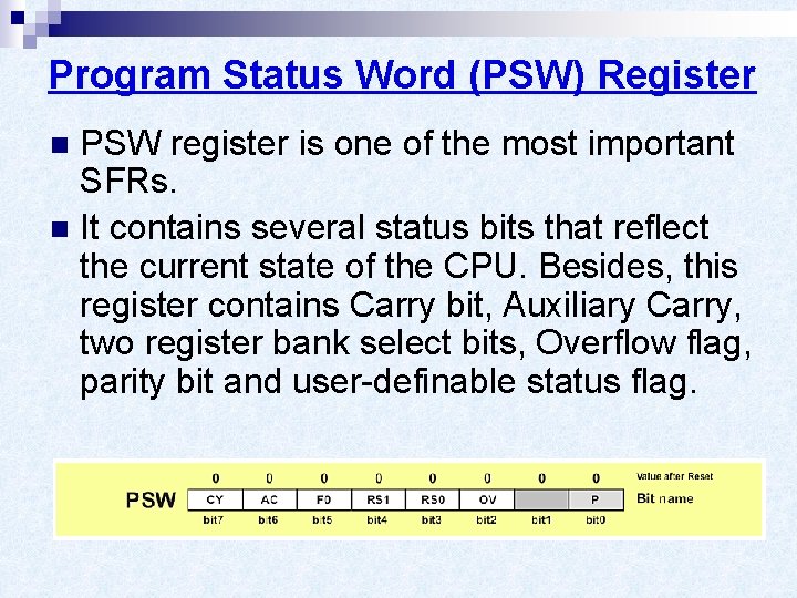 Program Status Word (PSW) Register PSW register is one of the most important SFRs.