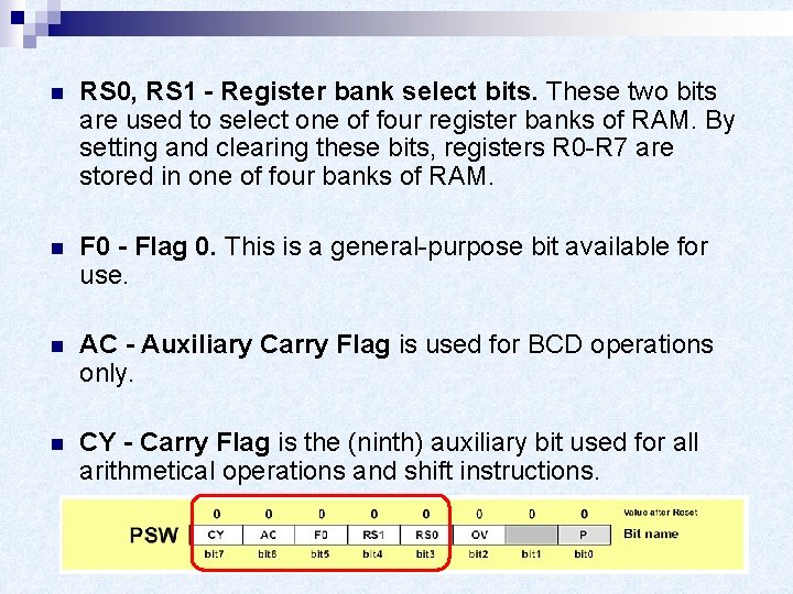 n RS 0, RS 1 - Register bank select bits. These two bits are