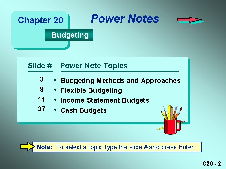 Chapter 20 Power Notes Budgeting Slide # 3 8 11 37 Power Note Topics