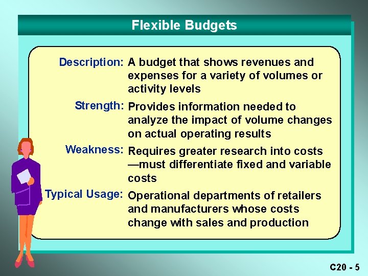 Flexible Budgets Description: A budget that shows revenues and expenses for a variety of