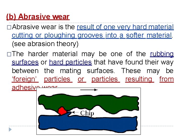 (b) Abrasive wear �Abrasive wear is the result of one very hard material cutting