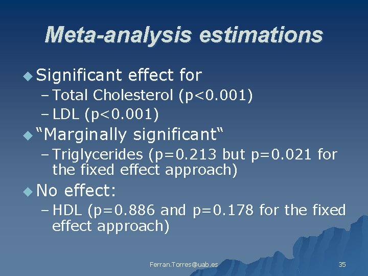 Meta-analysis estimations u Significant effect for – Total Cholesterol (p<0. 001) – LDL (p<0.