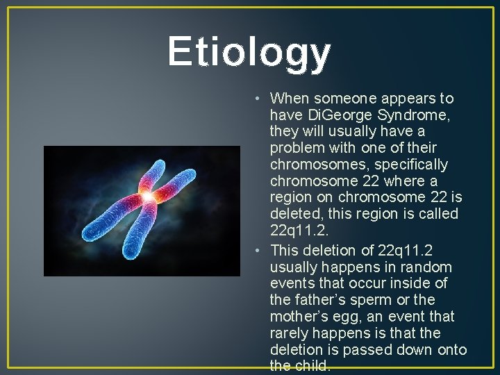 Etiology • When someone appears to have Di. George Syndrome, they will usually have