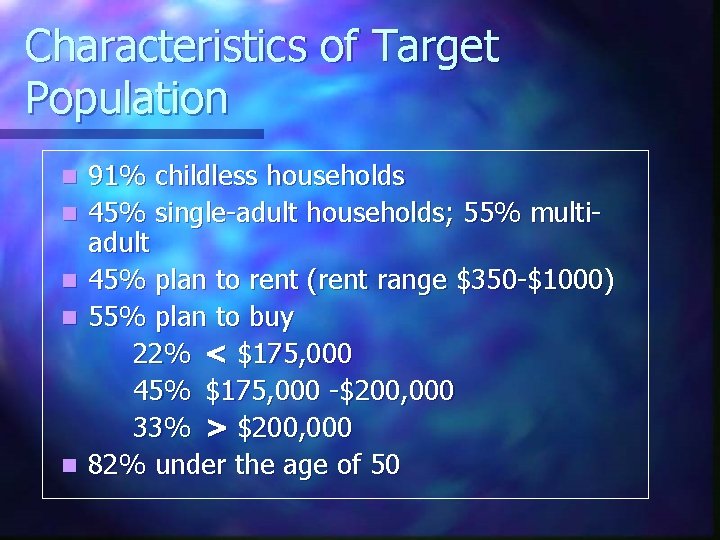 Characteristics of Target Population n n 91% childless households 45% single-adult households; 55% multiadult