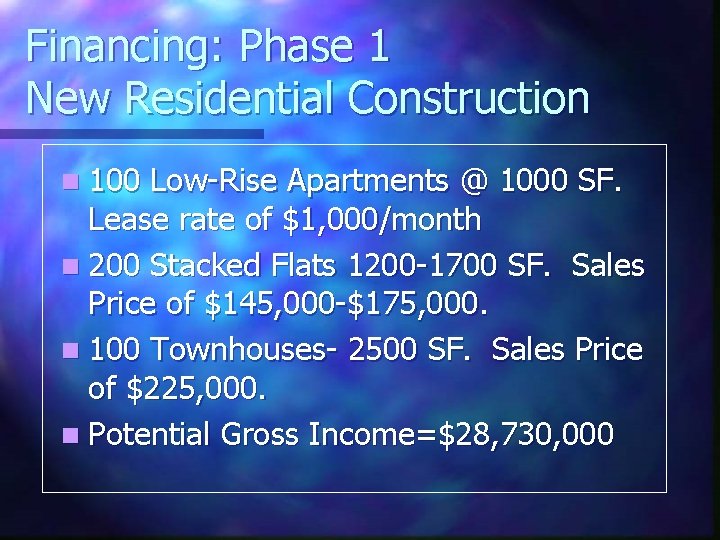 Financing: Phase 1 New Residential Construction n 100 Low-Rise Apartments @ 1000 SF. Lease