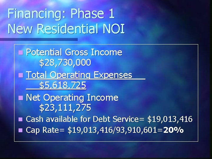 Financing: Phase 1 New Residential NOI n Potential Gross Income $28, 730, 000 n