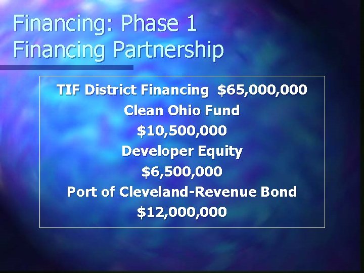 Financing: Phase 1 Financing Partnership TIF District Financing $65, 000 Clean Ohio Fund $10,