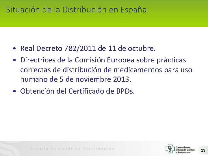 Situación de la Distribución en España • Real Decreto 782/2011 de octubre. • Directrices