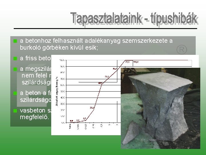 a betonhoz felhasznált adalékanyag szemszerkezete a burkoló görbéken kívül esik; a friss beton konzisztenciája