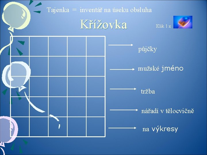 Tajenka = inventář na úseku obsluha Křížovka Klik 1 x půjčky mužské jméno tržba