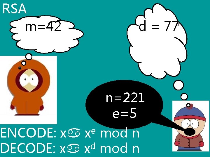 RSA m=42 d = 77 n=221 e=5 ENCODE: x xe mod n DECODE: x