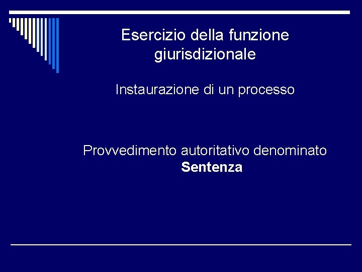 Esercizio della funzione giurisdizionale Instaurazione di un processo Provvedimento autoritativo denominato Sentenza 