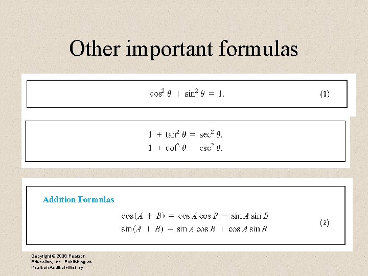 Other important formulas Copyright © 2008 Pearson Education, Inc. Publishing as Pearson Addison-Wesley 
