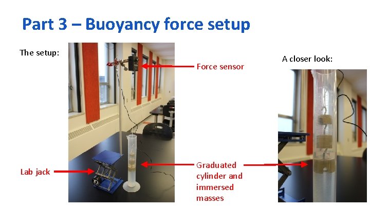 Part 3 – Buoyancy force setup The setup: Force sensor Lab jack Graduated cylinder