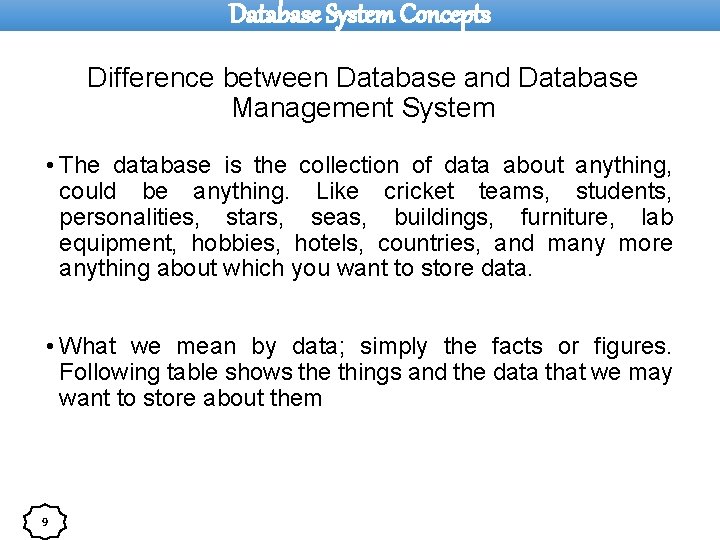 Database System Concepts Difference between Database and Database Management System • The database is