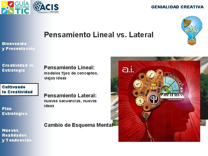 GENIALIDAD CREATIVA Pensamiento Lineal vs. Lateral Bienvenida y Presentación Creatividad vs Estrategia Cultivando la