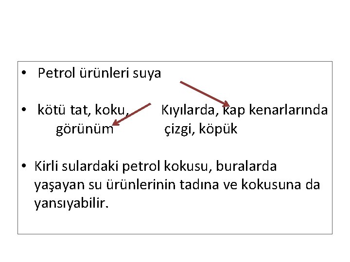  • Petrol ürünleri suya • kötü tat, koku, görünüm Kıyılarda, kap kenarlarında çizgi,