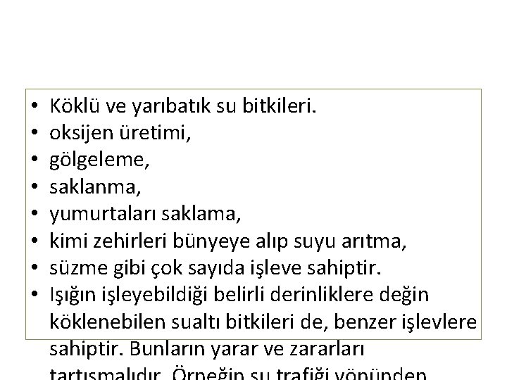  • • Köklü ve yarıbatık su bitkileri. oksijen üretimi, gölgeleme, saklanma, yumurtaları saklama,