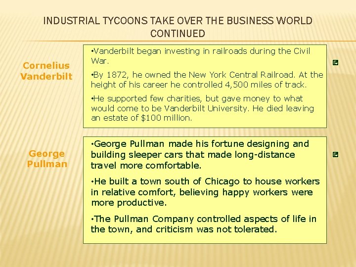 INDUSTRIAL TYCOONS TAKE OVER THE BUSINESS WORLD CONTINUED Cornelius Vanderbilt • Vanderbilt began investing